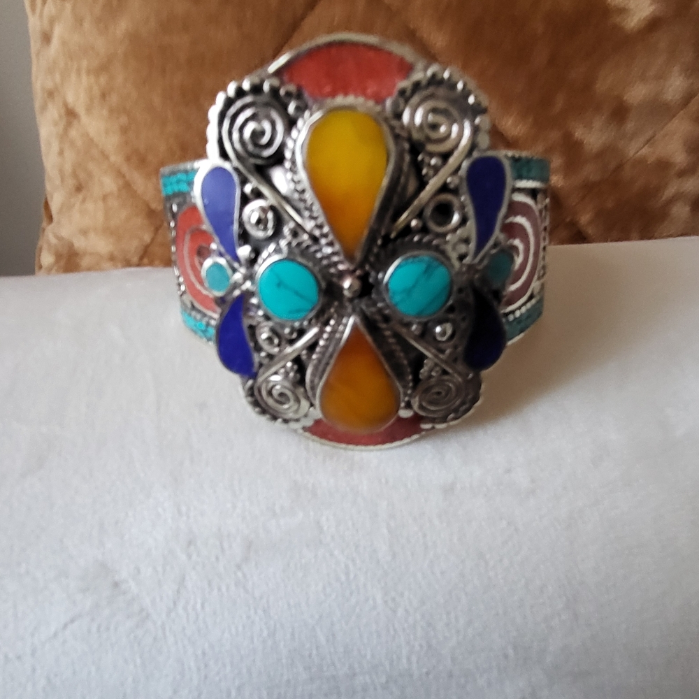 Genuine Turquoise Coral Copal and Lapis Lazuli Tibetan Cuff bracelet